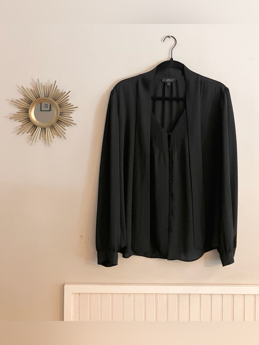 J Crew Black Pleated Button-Front V-Neck Blouse EUC